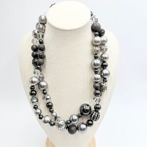 Chico’s Long Statement Necklace Faux Pearls Filigree Balls Crystals